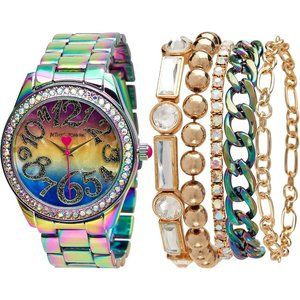 Women's Link Band Wristwatch with Stacked Bracelets and Easy Read Dial